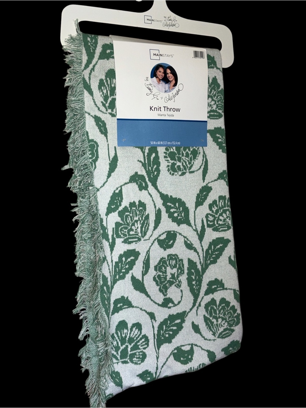 Mainstays Green and White Floral Knit Throw with Fringe